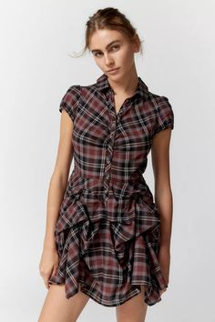 BDG Max Plaid Mini Dress | Urban Outfitters Plaid Mini Dress, Oversized Denim Jacket, Plaid Print, Plaid Dress, Costume Design, Button Placket, Mini Black Dress