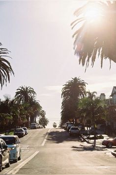 cars parked on the side of a road next to palm trees and houses in the background