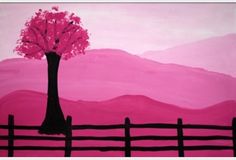 a painting of a tree on a fence with pink hills in the backgroud