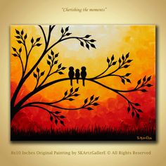 a painting of two birds sitting on a tree branch