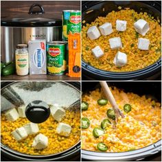 collage of photos showing how to make corn and cheese in the crock pot