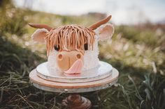 a cake decorated to look like a cow's head on top of a plate