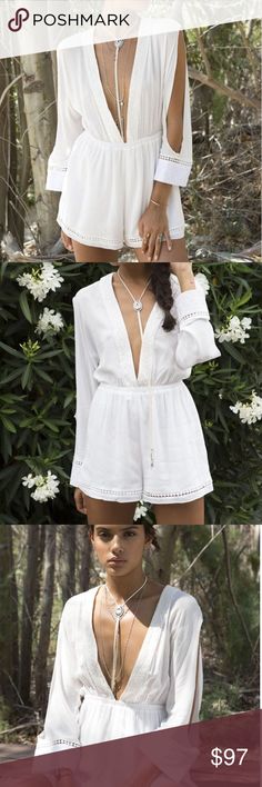 Somedays Lovin Nadin Lace Plunging Playsuit Cream Somedays Lovin Nadin Lace Plunging Playsuit Cream  Clean and classy, white is always in style. Update your summer wardrobe with this white plunging V neck romper. This pretty lace romper is light and airy keeping you cool all summer long. Dress this look up with a long chain necklace and heels for a night out or throw it on over your swimsuit for a pool party outfit. Even wear this boho romper at the office by adding a lacey tank underneath! Take Party Outfit Summer, Summer Party Outfit Night, Classy Heels, Free Vibes, Pool Outfits, Long Sleeve Playsuit, Summer Night Outfit, Pool Party Outfits, Summer Party Outfit