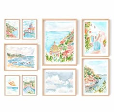 six watercolor paintings are hanging on the wall