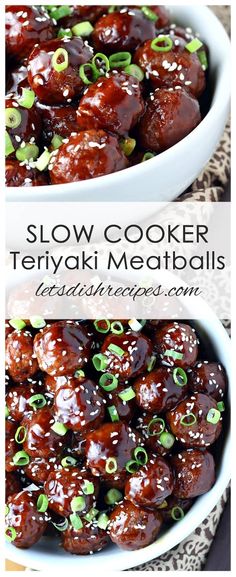 slow cooker teriyaki meatballs in white bowls