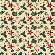 a christmas pattern with holly berries and candy canes on a cream colored background photo