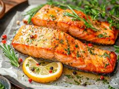 two salmon fillets on a plate with lemon and herbs