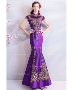 Buy Classic Purple Cheongsam Tight Formal Dress Mermaid With Bling at wholesale price online. Free shipping and pro custom service since 2009. Fitted Mermaid Dress With Sweep Train, Fitted Mermaid Dress For Banquet, Fitted Floor-length Mermaid Dress With Sweep Train, Fitted Mermaid Banquet Dress, Formal Fitted Purple Mermaid Dress, Purple Fitted Mermaid Dress For Formal Occasions, Stretch Mermaid Dress For Banquet, Purple Mermaid Dress With Sweep Train, Formal Purple Mermaid Dress