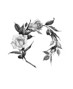 a black and white drawing of two roses on a branch with leaves in the middle