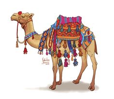 a drawing of a camel with tassels on it's back and neck