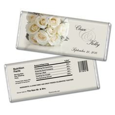 wedding candy bar wrapper with roses on it and the name of the couple's date