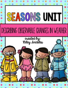 a poster with the words seasons sort and three children standing in front of a polka dot background