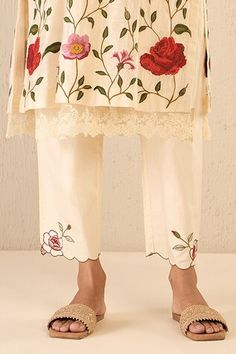 Ivory chanderi kurta with floral vine thread embroidered motifs and pintuck bodice. Comes with matching pant and dupatta. - Aza Fashions Kurta And Dupatta, Kurta Patterns, Kurta For Women, Diana Penty, Embroidered Motifs, Elegant Outfits, Luxury Sale, Kurta With Pants, Floral Vine