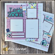 three scrapbook pages are stacked on top of each other, with the same layout