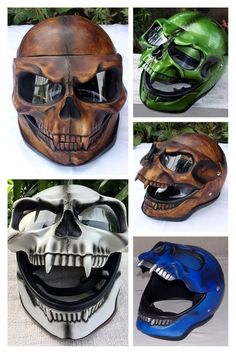 four different types of motorcycle helmets with skulls on the front and side, all in various colors