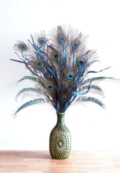 there is a vase with peacock feathers in it