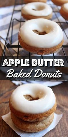 apple butter baked donuts with white icing on a cooling rack and text overlay that reads, apple butter baked donuts