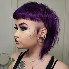 Tuike ✨ on Instagram: "💜 i love my hairrrrr 💜 . . . . . . . . . . #purplehair #purplemakeup #mullet #mullethaircut #alternative #altstyle #pierced #stretchedears #stretchedseptum #facetattoo #nonbinary #sideprofile" Dyed Hair Inspiration, Fancy Hairstyles, Mullet Hairstyle, Cool Hair, September 23, Hair Do