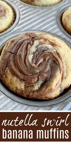 nutella swirl banana muffins with chocolate frosting in a muffin tin