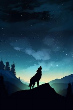 a lone wolf standing on top of a hill at night