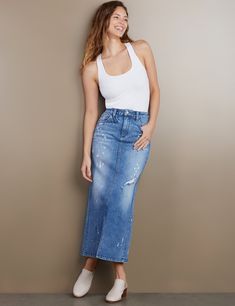 Women's Designer Relaxed Maxi Skirt with White Paint Splatter Below The Knee Skirt, Below The Knee Dresses, Denim Corset Top, Sleeveless Denim Dress, Denim Overall Dress, Knee Skirts, Cropped Flare Jeans, Tee Shirt Dress, Knee Dress