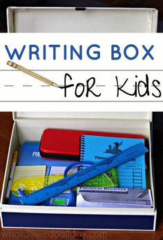 writing box for kids with scissors and books in it