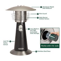 the parts of an outdoor heater are shown in this diagram, with instructions on how to use it