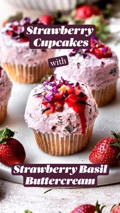 strawberry cardamom cupcakes with strawberry basil buttercream on a white plate