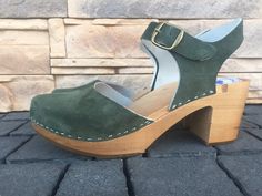 Handmade Clogs, Sandal Clogs.  Made from natural leather and wood. Green High Heel Leather Clogs, Green Leather High Heel Clogs, Green Closed Toe Mules With Cushioned Footbed, Green Closed Toe Sandals With Wooden Heel, Green Closed Toe Clogs With Buckle Closure, Medium Width Open Toe Clogs With Rubber Sole, Green Leather Open Heel Clogs, Green Clogs With Leather Sole And Round Toe, Green Clogs With Rubber Sole And Closed Toe