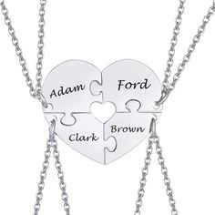 "Are you looking for gifts for your friends or your family to show your love for them? Our Personalized Best Friends Necklaces For 4pcs Puzzle Heart Family Love Pendant Friendship BFF Free Engraving will be your great choice.You can engrave your name and your friend's names or family member's names on the pendants. Come and engrave today.It will come A 4pcs/Set. ★ Item Description: * Material:High Quality Stainless Steel * Item Type:Pendants * Pendant Size:35mm/1.38inch * Chain Length:50cm/19.7I Best Friends Necklaces, Heart Puzzle, Best Friend Necklaces, Love Pendant, Friend Necklaces, Premium Gift, Gold Dipped, Message Card, Family Love