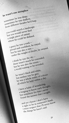 an open book with some type of poem on it's page and the text in black and white