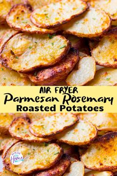 baked potato chips stacked on top of each other with the words mr fryer's parmesan rosemary roasted potatoes