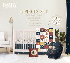 a baby's room with a crib, chair and bedding in it