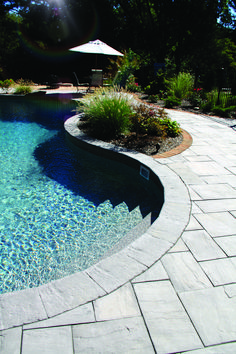 an empty swimming pool surrounded by stone walkways and landscaping area with umbrella in the background