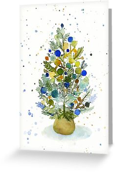 a watercolor painting of a christmas tree with blue, yellow and green ornaments on it