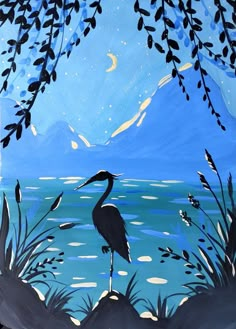 a painting of a bird standing in the grass next to water with mountains in the background