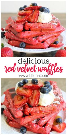 red velvet waffles with blueberries and strawberries on top