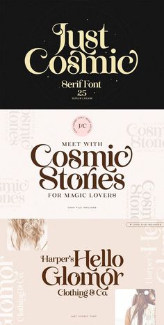 some type of font that is in different colors and sizes, with the words just cosmic on