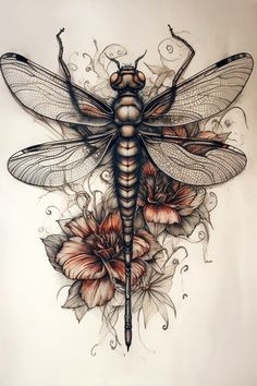 a drawing of a dragonfly with flowers on it