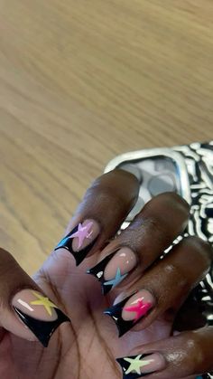 Fye Nails Acrylic, First Day Nails, Star Duck Nails, Short Nails Acrylic Design 2024, Dice Nails Design, Dope Nails Square, Tyler The Creator Inspired Nails, Acrylic Nails With Stars, Colorful Star Nails