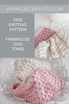 two knitted dishcloths on a plate with text that reads free knitting pattern farmhouse dish towel