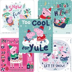 four christmas cards with pep and pig characters