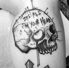 a black and white photo of a skull with the words, yes all i'm your head