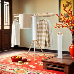 a room with a red rug and some clothes hanging on a rack next to an orange vase