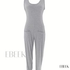 Ebeek - Chic Sleeveless Jumpsuit with Pockets, Elegant High Neck Design, Womens Fashion Apparel Sleeveless Gray Jumpsuits And Rompers For Loungewear, Gray Sleeveless Jumpsuits For Loungewear, Gray Sleeveless Jumpsuits And Rompers For Loungewear, Sleeveless Gray Bodysuit For Loungewear, Gray Sleeveless Bodysuit For Spring, Spring Sleeveless Gray Bodysuit, Sleeveless Bodysuit For Loungewear, Casual Gray Sleeveless Bodysuit, Jumpsuit With Pockets