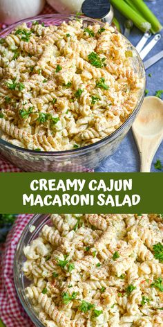 creamy cajun macaroni salad with parsley in the middle and green onions on the side