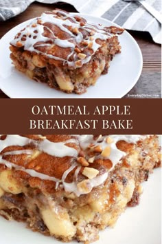 an image of two pieces of bread with icing on them and the words oatmeal apple breakfast bake