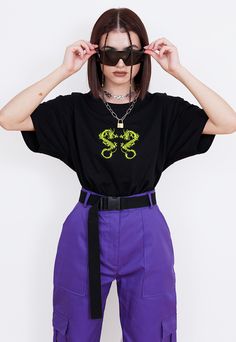 "Dragon T-shirt. High-quality classic cut T-shirt with a neon green dragon embroidery, designed by us and made in Poland. The model is 168 cm (5'6\") and wears size L. JOIN US ON INSTAGRAM 🌹 http://instagram.com/blvck.pl 🏷 PRODUCT DETAILS 🏷 Embroidery Crew neck 100% High-quality Cotton Made in Poland 📏 SIZING & FIT 📏 All our sweatshirts and T-shirts are unisex. Measurements (width/length) XS - 49/64 cm (19\"/25\") S - 51/68 cm (20\"/27\") M - 53/70 cm (21\"/27.5\") L - 55/72 cm (21.5\"/ Y2k Photos, Dragon Embroidery, Grunge Shirt, Clothing Aesthetic, Hoodie Aesthetic, Aesthetic Shirt, Cut T Shirt, Shirt Aesthetic, Shirt Y2k