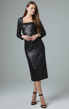 Impress everybody in this sparkling gown with a chic portrait neck and 3/4 sleeves. A tailored leather look, it reflects the light with allover interlocking ovals in two sizes of sequins. Chic Formal Sequin Dress With Contrast Sequins, Chic Formal Dress With Contrast Sequin, Elegant Contrast Sequin Dress For Night Out, Fitted Luxury Evening Dress With Contrast Sequin, Luxury Sequin Midi Dress, Elegant Evening Sequin Dress With Contrast Details, Glamorous Fall Formal Sequin Dress, Elegant Cocktail Evening Dress With 3/4 Sleeves, Chic Holiday Sequin Dress For Formal Occasions