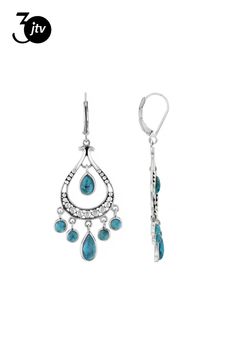 Introducing our dazzling Blue Composite Turquoise Sterling Silver Dangle Earrings! These beauties are a must-have for any jewelry lover looking to add some playful elegance to their collection. Crafted with love and attention to detail, these earrings feature stunning blue composite turquoise gemstones that will make you stand out from the crowd. The leverback style adds an extra touch of security while wearing them so you can dance all night worry-free. With dimensions measuring 2.10 inches in length and 0.68 inches in width, these Southwest Style by JTV��� earrings are the perfect accessory for any occasion - whether it's a casual day out or a special event where you want to shine bright like a star!    Color and Pattern May Vary. This product contains composite turquoise. This means sep Elegant Turquoise Metal Chandelier Earrings, Elegant Turquoise Earrings With Dangling Beads, Elegant Turquoise Teardrop Pierced Earrings, Elegant Turquoise Dangle Chandelier Earrings, Dance All Night, Silver Dangle Earrings, Southwest Style, Sterling Silver Dangle Earrings, Turquoise Gemstone